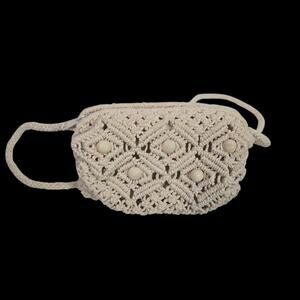 Artisan Crochet Crossbody Bag Cream Macrame Beaded Handmade Small Purse Beaded